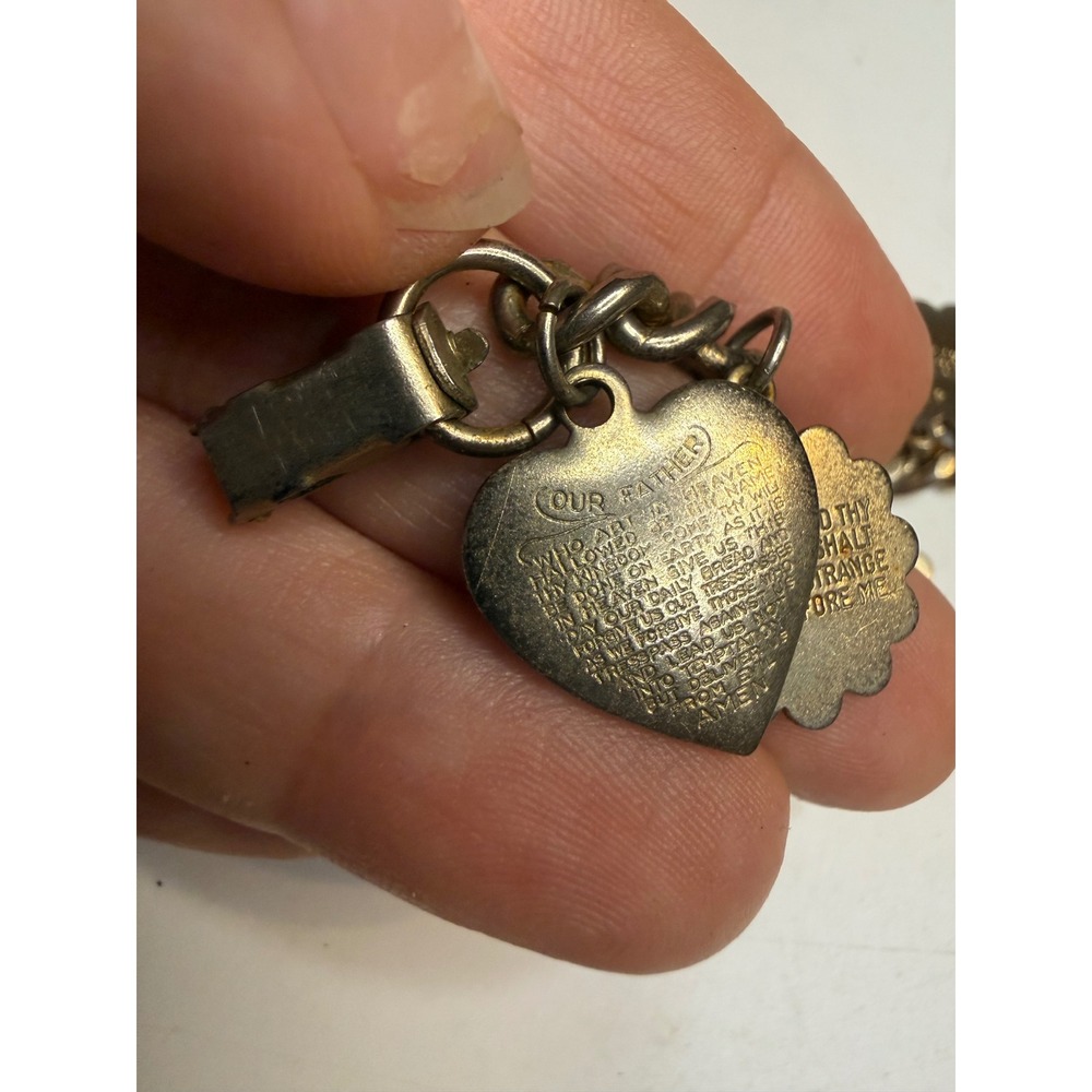 Vintage Ten Commandments Lords Prayer Bible Charm Bracelet Silver Tone 7 Inch
